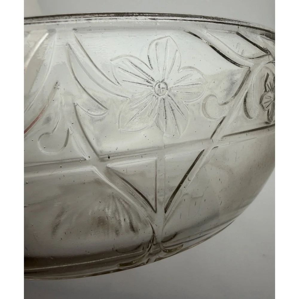 VTG Manganese Clear Pressed Glass Bowl Floral Vine Starburst Base UV Glow 9.5